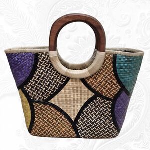 Handmade Woven Pandan Leaves Multicolor Tote Bag with Wooden Handles, Large